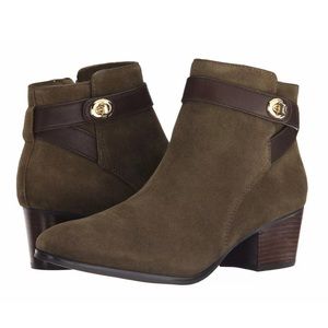 New COACH Women's Patricia Dark Brown Suede Leather Block Heel Booties
